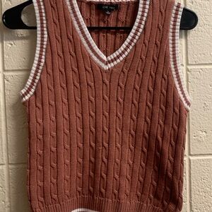 Love Tree V-Neck Cable Knit Sweater Vest - Brown and White